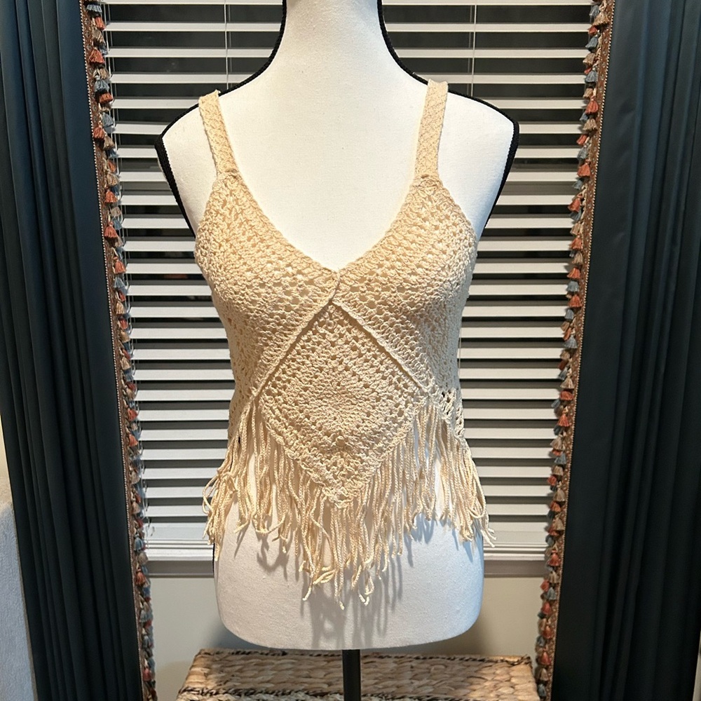 Pinky Cream Crochet Fringe Crop Top